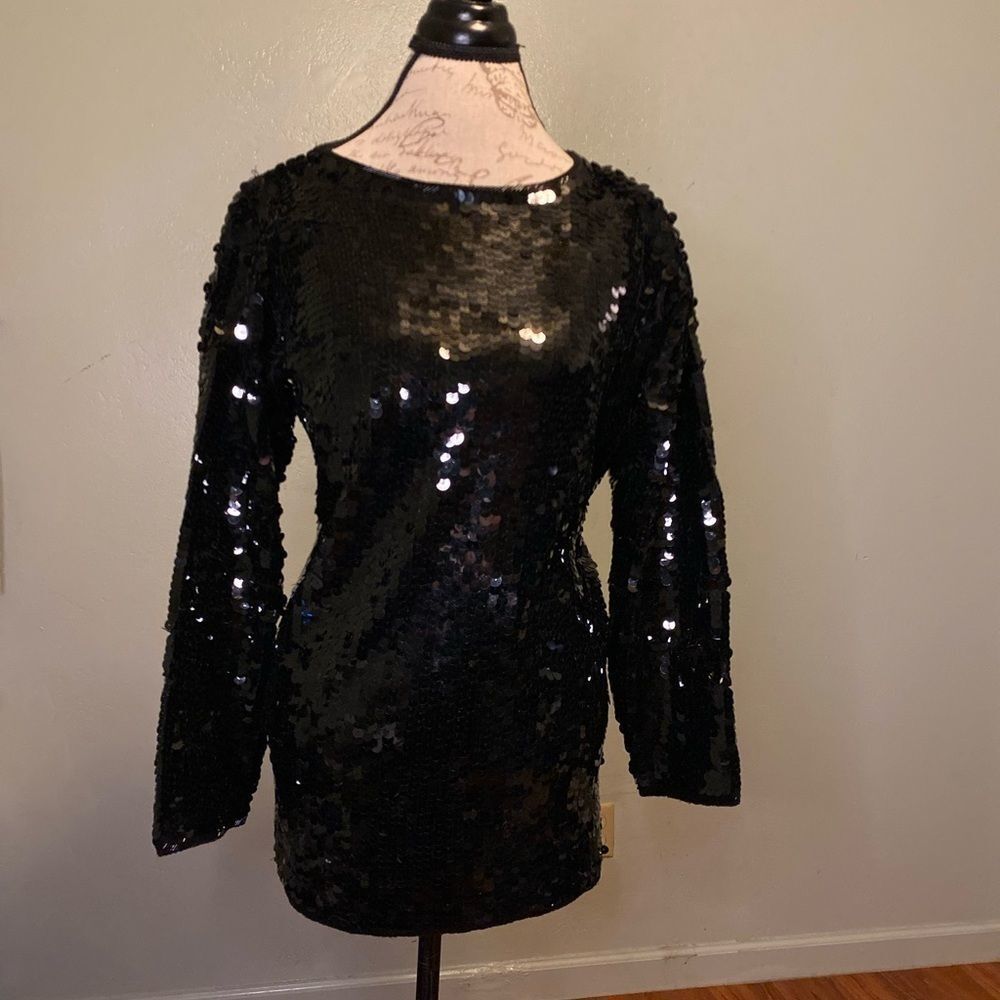 NWT Vintage Casual Corner Destinee full black shiny sequin dress